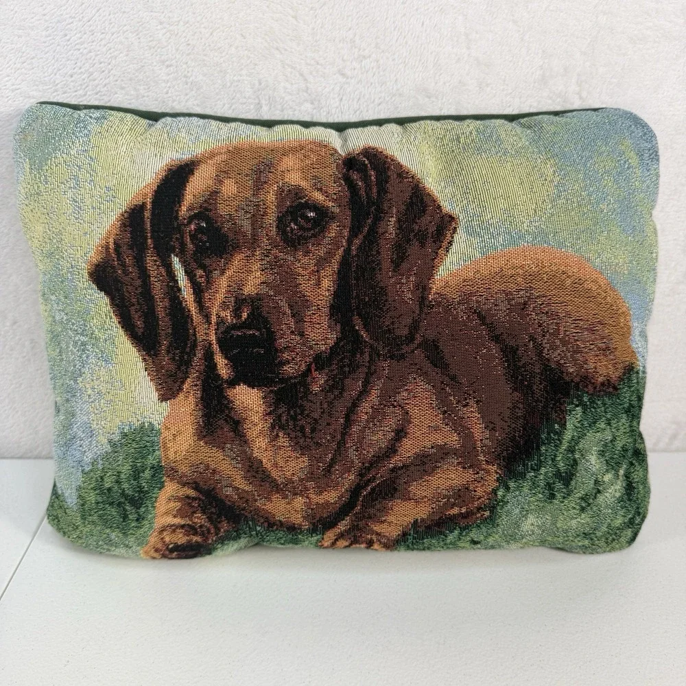 Vtg Dachshund Weiner Dog Sausage Tapestry‎ Throw Pillow Linda Picken Cottagecore